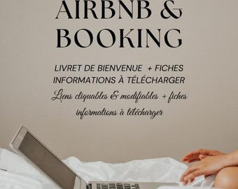 May include: An e-book cover with the title "Airbnb & Booking" in large, bold black letters. The text "Welcome Book" and additional French text are also visible. A laptop is open on a white bed, with a person's hand resting nearby.