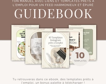 Puede incluir: Una portada de ebook con el título "GUIDEBOOK" en letras grandes y en negrita. La portada presenta varias portadas de libros más pequeñas con texto e imágenes, incluyendo "10 Templates Instagram prêts à l'emploi". El diseño es limpio y moderno.