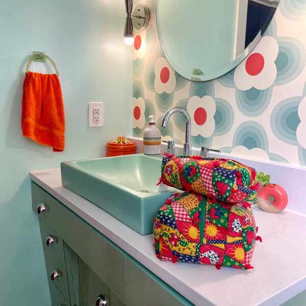 Upcycled Vintage Quilt Toiletry Bag, Makeup Case - 70s Faux Patchwork