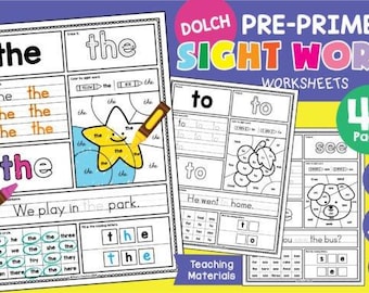 Puede incluir: Hojas de trabajo educativas para palabras de vista pre-primarias. Las hojas de trabajo presentan las palabras "the" y "to", con actividades como trazar, colorear y completar oraciones. La imagen incluye el texto "DOLCH PRE-PRIMER SIGHT WORD WORKSHEETS" y "40 Pages".