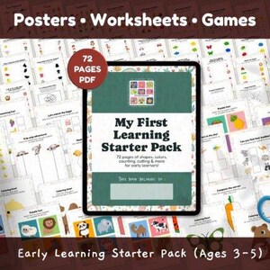 May include: An educational early learning starter pack for ages 3-5, featuring worksheets, games, and posters. The pack includes 72 pages of shapes, colors, counting, and cutting activities. A tablet displays the title "My First Learning Starter Pack."