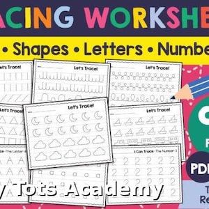 Op de afbeelding: Educatieve traceerwerkbladen voor kinderen, met lijnen, vormen, letters en cijfers. De werkbladen tonen traceeroefeningen met de tekst "Let's Trace!" en "I Can Trace The Letter A" en "I Can Trace The Number 2". De afbeelding bevat ook een potlood en de tekst "90 Pages".