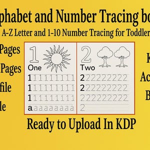May include: A yellow background with text and illustrations for a kids' activity book. The book is for tracing letters and numbers, with examples of the numbers one and two, and the word "One" and "Two". The book includes 36 JPG and PNG pages.