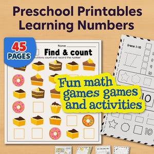 Puede incluir: Hojas de actividades de aprendizaje preescolar con el texto "Preschool Printables Learning Numbers". Las hojas incluyen ejercicios de conteo, trazo de números y juegos de matemáticas divertidos. La imagen muestra ilustraciones coloridas.