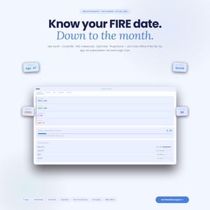 Könnte beinhalten: Eine digitale Oberfläche mit dem Text "Know your FIRE date. Down to the month." in Blau und Weiß. Die Oberfläche zeigt Finanzdaten, einschließlich Nettovermögen und Alter. Das Bild enthält auch den Text "Get WealthCompass."