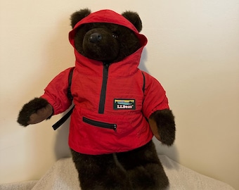 Vintage LL Bean Braun Teddybär Mit Roter Regen Parka Jacke und Rucksack