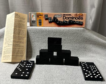 Vintage 1970 Milton Bradley MB Halsam Dragon Double Six Holz 28 Dominoes Set #4130