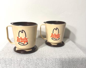 Vintage Rare Arby's Plastic Travel Coffee Mugs Set of 2