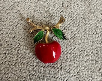 Vintage Apfel Obst Brosche Kirschrot Grün Emaille Anstecknadel Signiert Gerry's