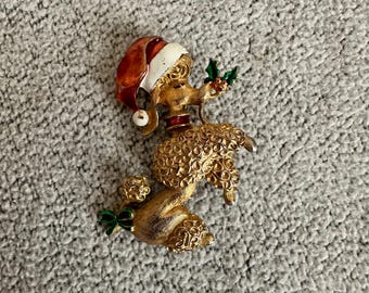 Vintage Weihnachten Gold Pudel Brosche Pin Signiert Gerry's Santa Hat