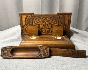 Antiker geschnitzter Tintenfass Stifthalter Ständer W/Stiftablage & Aschenbecher