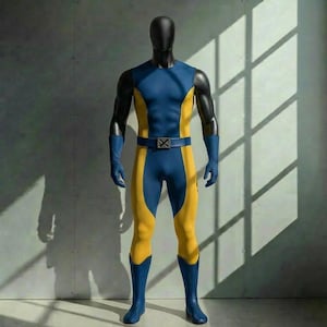 May include: A blue and yellow superhero costume. The sleeveless top and legs are yellow, with blue panels on the torso and boots. The costume includes a belt with an "X" buckle and blue gloves. The outfit is displayed on a mannequin.
