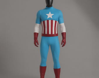 May include: A full-body superhero costume on a mannequin featuring a light blue long-sleeve top with a white star on the chest, a red and white vertical striped midsection, light blue pants, red gloves, and red boots with a black head covering.