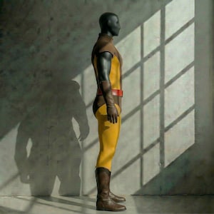 May include: A mannequin wearing a yellow and brown superhero costume with a red belt, brown gloves, and brown boots. The costume has a high collar and long sleeves. The mannequin is standing in front of a gray wall with sunlight shining through a window.