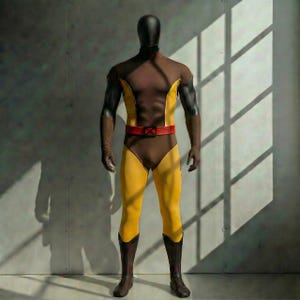 May include: A full-body costume in brown, yellow, and black, displayed on a mannequin. The costume features a brown torso, yellow legs, and black accents on the arms. A red belt with a black buckle and brown boots complete the look.
