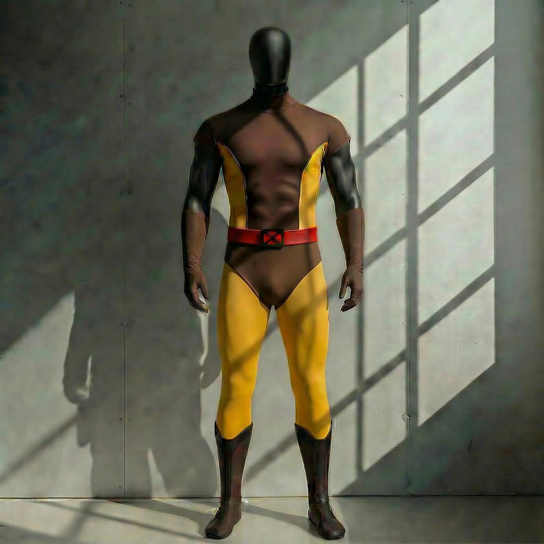 May include: A full-body costume in brown, yellow, and black, displayed on a mannequin. The costume features a brown torso, yellow legs, and black accents on the arms. A red belt with a black buckle and brown boots complete the look.