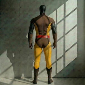 May include: A full-body costume with a brown and yellow color scheme. The costume features a brown torso with a red belt, yellow legs, and brown boots. The arms are black. The mannequin is standing in front of a gray wall.
