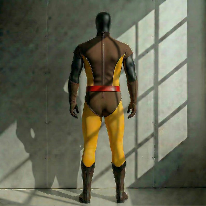 May include: A full-body costume with a brown and yellow color scheme. The costume features a brown torso with a red belt, yellow legs, and brown boots. The arms are black. The mannequin is standing in front of a gray wall.