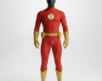 May include: A red superhero costume with a yellow lightning bolt emblem on the chest. The costume includes a yellow belt, gloves, and boots. The mannequin's head is black.