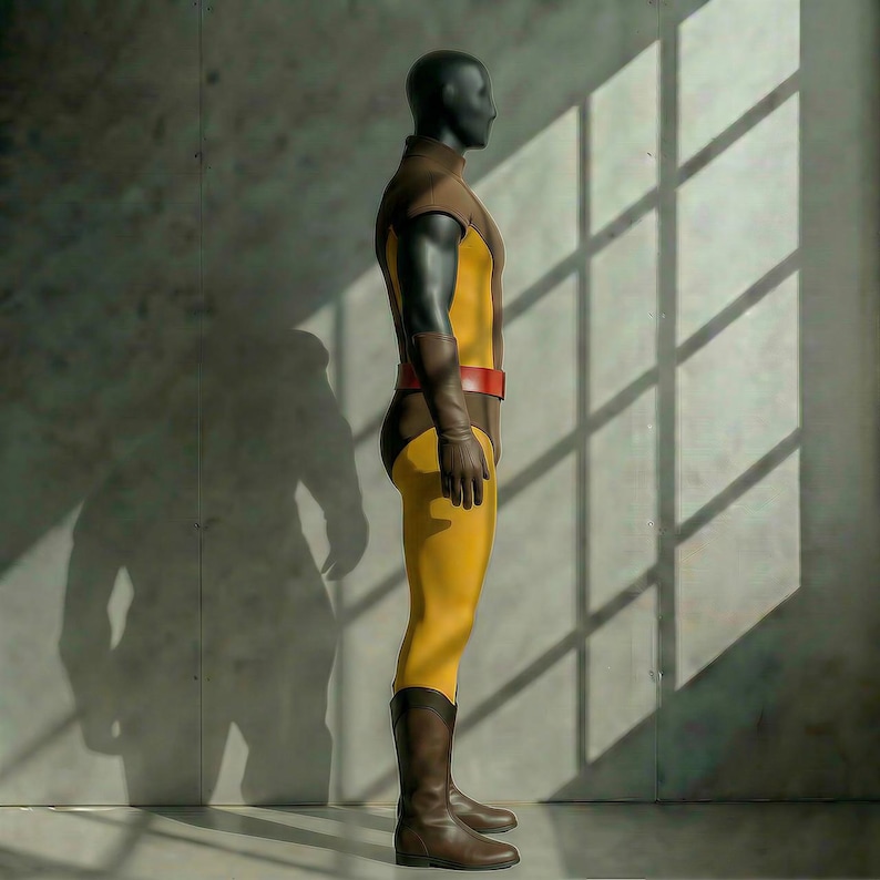 May include: A yellow and brown superhero costume on a mannequin. The costume features a yellow bodysuit, brown accents on the shoulders and legs, a red belt, brown gloves, and brown boots. The mannequin has a black head and arms.