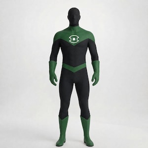 May include: A black and green superhero costume. The costume features a green chest and shoulder area, with a white emblem. The gloves and boots are green. The rest of the suit is black.