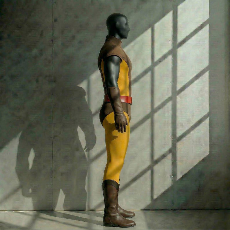 May include: A mannequin wearing a yellow and brown superhero costume with a red belt, brown gloves, and brown boots. The costume has a high collar and long sleeves. The mannequin is standing in front of a gray wall with sunlight shining through a window.