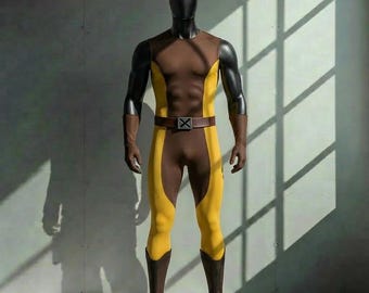 May include: A full-body costume on a mannequin. The costume is yellow and brown with a brown belt and boots. The costume has a sleeveless top and long sleeves. The belt has a silver buckle with an X on it.