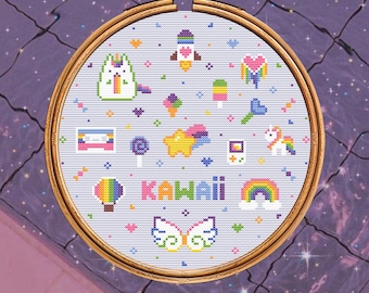 Kawaii Cross Stitch Pattern PDF. Y2K Sampler. Retro Gamer Embroidery Design. Rainbow Pixel Art.