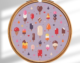 Ice Cream Cross Stitch Pattern PDF. Summer Sweet Treats Sampler. Popsicle Embroidery  Design.