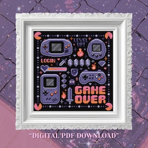 Patrón de punto de cruz de videojuegos retro en PDF, bordado de videojuegos, arte pixelado de Game Boy Nintendo.