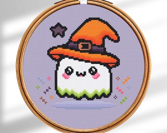 Punto de cruz de fantasma kawaii, sombrero de bruja de Halloween (patrón PDF, archivo de guardado de patrones)