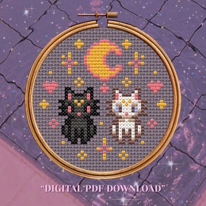 Moon Cats Cross Stitch Pattern PDF. Luna & Artemis Stardew Valley Style. Kawaii Anime Cat.