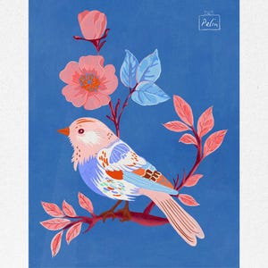 Gouache Bird Art Print | Pink Blue Floral Illustration | Nature-Inspired Wall Decor | Colorful Printable Painting