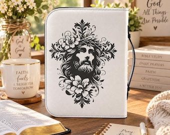 Jesus Floral PU Leather Bible Cover, Medium Zippered Case with Strap