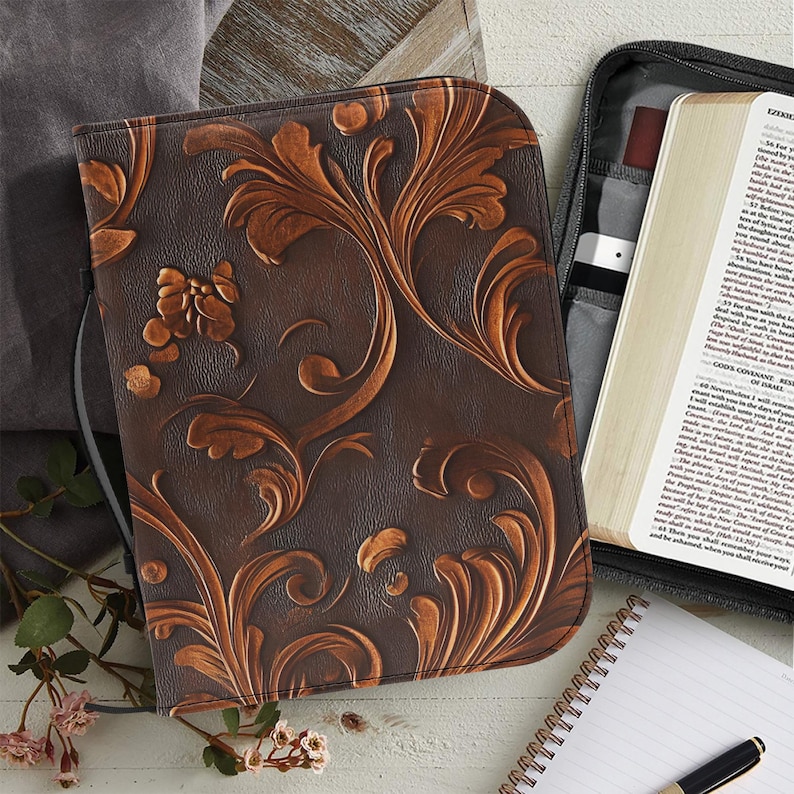 3d Embossed Floral Leather Bible Cover Bag With Handle & Zipper ...