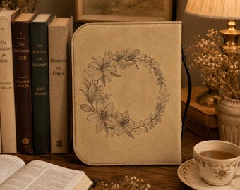 Brown Leather Bible Cover Bag with Handle & Zipper | Floral Wreath Christian Gift