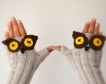 Brown Owl Mittens, Guantes de Invierno, Calentadores de brazo de lana, Títeres de guante, guantes de punto a mano, animales divertidos, animales de la selva, Regalo para adultos Unisex