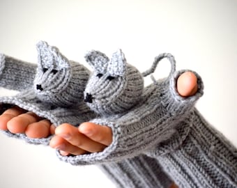 Animal Mittens Etsy' Pick, Knit Mice Gloves, Hand Puppet , Animal Finger, Half Mitts Touchscreen, Winter Fingerless Men, Xmas Gift For Her