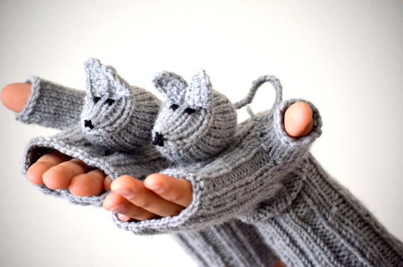 Animal Mittens Etsy' Pick, Knit Mice Gloves, Hand Puppet , Animal Finger, Half Mitts Touchscreen, Winter Fingerless Men, Xmas Gift For Her image 1
