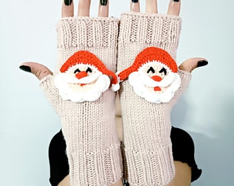 Santa Claus Glove, Xmas Heater, Touch Screen, Unique Gift, Arm Mitten, Handknit Fingerles, Crochet Glove, Wrist Warm Present, Knit Christmas