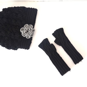 Black Slouchy Beanies, Gray Crochet Beanies, Wool Slouchy, Fingerless Gloves Set, Beanies for Women, Womens Beanies, Wool Hat, Gift for Her