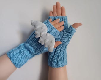 Adult Halloween Costume, Knit Angel Wing Gloves, Cherub Mittens, Christmas Unique Gift, Angel Wing Accessories, Handmade Cupid Fingerless