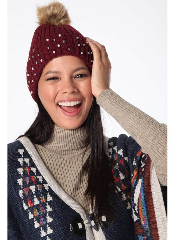 Bonnet tricoté d'hiver pour femmes avec fausse fourrure Pom tricot chaud  Bonnet de crâne bonnet pour femmes