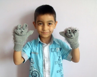 Mitones grises de erizo, calentadores de brazos de punto, regalos de erizo, guantes de lana, amantes peludos, guantes de animales, guantes hechos a mano, regalo de madre hija