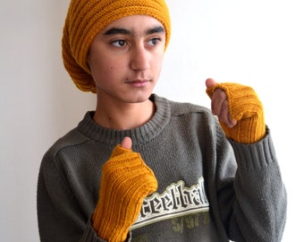 Mustard Hat and Gloves Set, Winter Slouch Hat and Fingerless Gloves ,Winter Men Accessories, Knit Beanie Slouchy Hat, Wool Hand Knit Set,