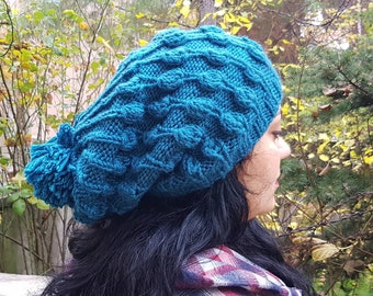 Petrol Blue Slouchy Hat, Chunky Beanie Winter Hat, Handmade Crochet Hat, Blue Pom Pom, Crochet Women's hat, Skull Caps, Gift For Valentine