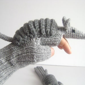 Etsy's Pick , Animal mittens Gantlet Knit Wool Winter Crochet Armadillo Gloves, Gray Long fingerless Arm Warmers, Touch Screen Gift Children image 1