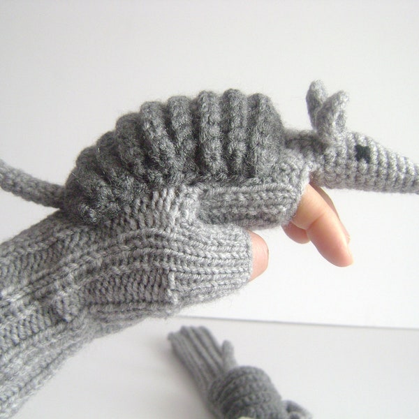 Etsy's Pick , Animal mittens Gantlet Knit Wool Winter Crochet Armadillo Gloves, Gray Long fingerless Arm Warmers, Touch Screen Gift Children