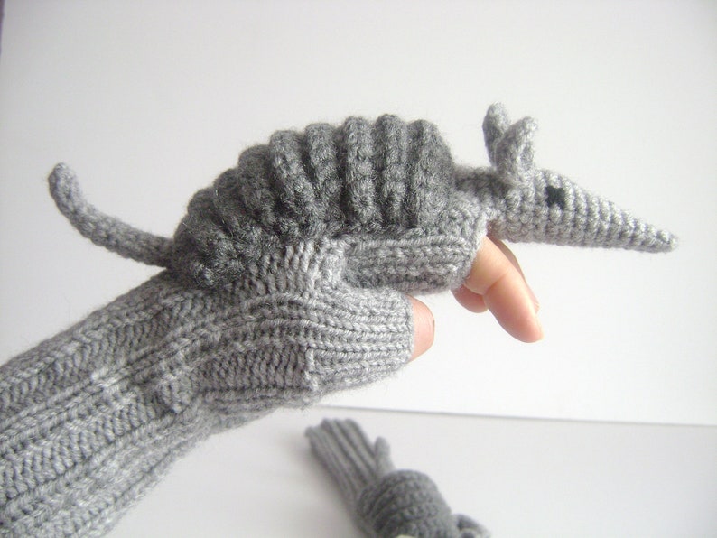 Etsy's Pick , Animal mittens Gantlet Knit Wool Winter Crochet Armadillo Gloves, Gray Long fingerless Arm Warmers, Touch Screen Gift Children image 1