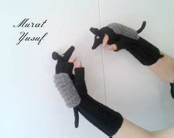 Mitten Glove women,Arm Warmers Fingerless, Crochet armadillo winter glove, Knit Wool Gloves, Black Animal Costume , Touch Screen Glove,Adult